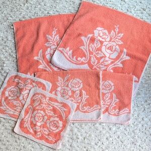 Canon Coral and White Towel Set Vintage Bathroom 1960s Retro Bath Toiletry